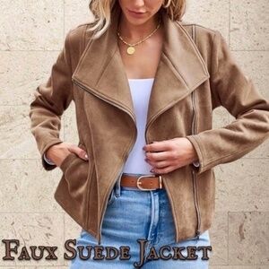 Faux Suede Long Sleeve Lapel Moto-Style Jacket in Tan/LG NWT